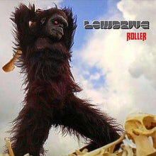 Cargar imagen en el visor de la galería, Monster-like creature with red eyes and fur, standing on a skeleton against a cloudy sky.