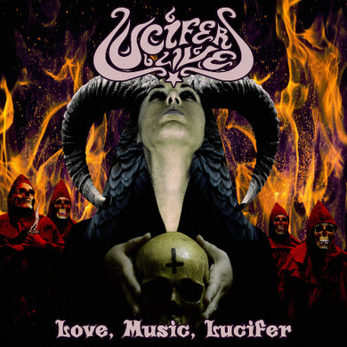 Album cover with a central figure holding a skull, surrounded by figures in red robes against a fiery background.