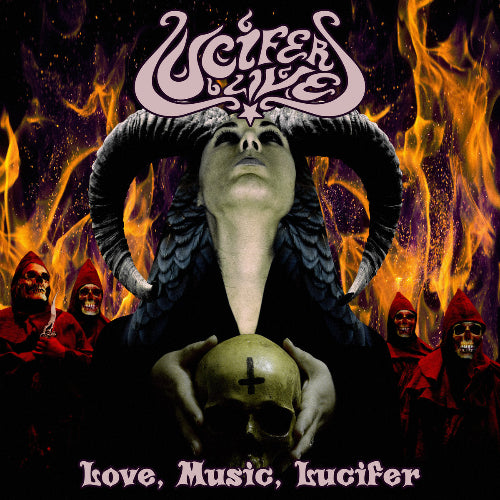 Album cover with a central figure holding a skull, surrounded by figures in red robes against a fiery background.