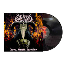 Load image into Gallery viewer, Vinyl record with a cover featuring a person in a hooded robe and flames, labeled 'Love, Music, Lucifer'.