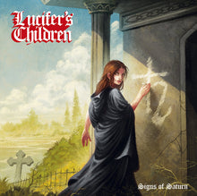 Charger l'image dans la galerie, Album cover for 'Lucifer's Children' with a woman in a dark cloak standing by a stone wall with crosses.
