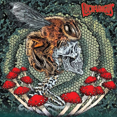 Album cover with a bee, skeleton, and red mushrooms on a textured background with 'Lucifungus' branding.