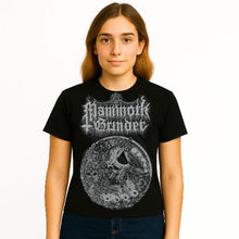 Cargar imagen en el visor de la galería, Woman wearing a black t-shirt with &#39;Mammoth Grinder&#39; design on a white background