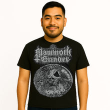 Cargar imagen en el visor de la galería, Man wearing a black t-shirt with &#39;Mammoth Grinder&#39; design on a white background
