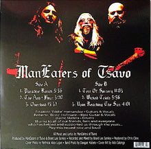 Cargar imagen en el visor de la galería, Back cover of a music album titled 'ManEaters of Tsavo' with band members' portraits and tracklist.