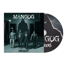 Load image into Gallery viewer, Vinyl record with a dark cover featuring four people and the title &#39;Mangog Awakens&#39;.