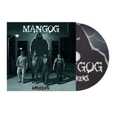 Vinyl record with a dark cover featuring four people and the title 'Mangog Awakens'.