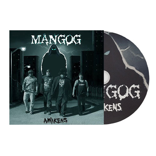 Vinyl record with a dark cover featuring four people and the title 'Mangog Awakens'.