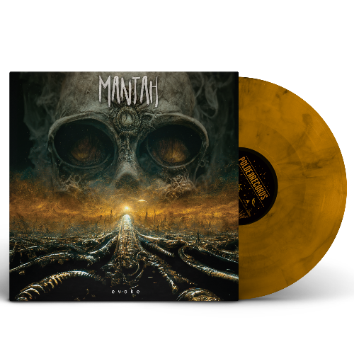Limited edition vinyl record of Mantah's album 'Evoke' with a dark cover featuring a skull and skeleton design.