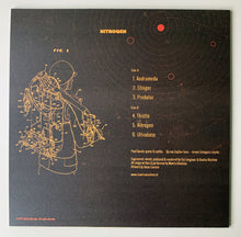 Load image into Gallery viewer, Vinyl record cover with technical drawing and tracklist on a dark background