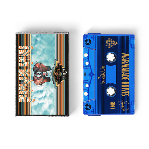 Cassette tape with colorful cover and blue tape on a white background