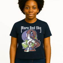 Cargar imagen en el visor de la galería, Person wearing a navy blue t-shirt with &#39;Mars Red Sky&#39; graphic design on a white background