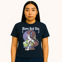 Cargar imagen en el visor de la galería, Person wearing a navy blue t-shirt with &#39;Mars Red Sky&#39; graphic design on a white background
