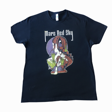 Dark Navy t-shirt with graphic design and text on a white background