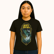 Cargar imagen en el visor de la galería, Person wearing a black t-shirt with a graphic design and text on a white background