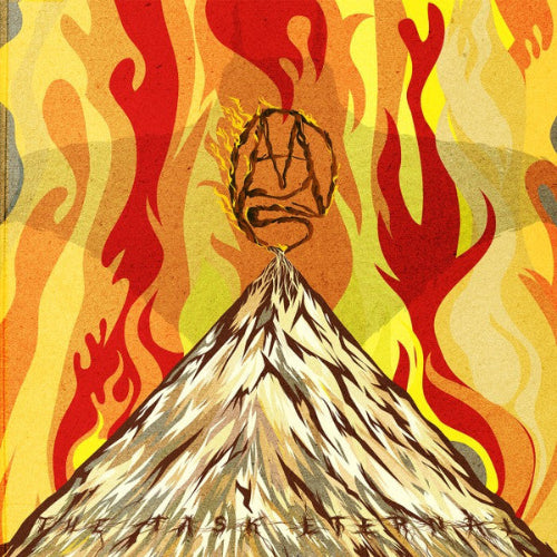 front album cover of Mars Red Sky - The Task Eternal showing a yellow background with flames and a mountain with the bands logo at the peak
