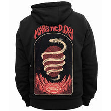 Load image into Gallery viewer, Black hoodie with red and white graphic design on the back against a white background