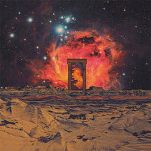Charger l&#39;image dans la galerie, A vinyl record cover featuring a vibrant image of a pink and orange cosmic landscape with a large, open gate leading to a starry night sky. The ground appears to be sandy with some rock formations.