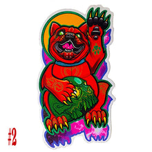 Load image into Gallery viewer, Colorful sticker of a red and green creature with a rainbow background