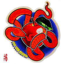 Load image into Gallery viewer, Sticker design featuring two red snakes around an apple with a blue background, labeled 'The Sun Reaper'.