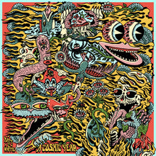 Load image into Gallery viewer, Colorful abstract artwork with various creatures and patterns on a red background.