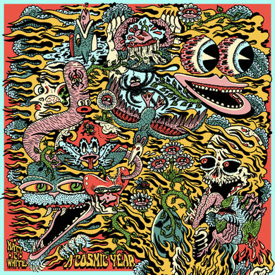 Colorful abstract artwork with various creatures and patterns on a red background.