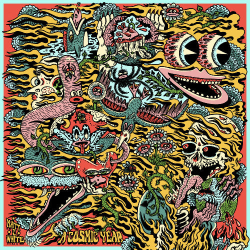 Colorful abstract artwork with various creatures and patterns on a red background.