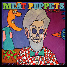 Cargar imagen en el visor de la galería, Album cover art for Meat Puppets&#39; Rat Farm featuring a colorful illustration of a skeleton with a human face wearing a checkered shirt and a bow tie.