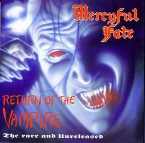 CD cover art for Mercyful Fate album 'Return of the Vampire' featuring a stylized illustration of a female character with a vampire-like appearance, predominantly in purple tones.
