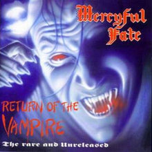 Load image into Gallery viewer, Album cover for Mercyful Fate's Return of the Vampire featuring a stylized illustration of a female character with a vampire-like appearance, predominantly in purple tones.
