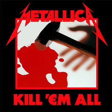 Cargar imagen en el visor de la galería, Album cover for Metallica's 'Kill 'Em All' with a silhouette and hammer design.