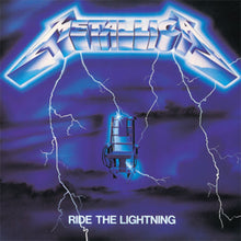 Cargar imagen en el visor de la galería, Album cover of Metallica's 'Ride the Lightning' with a lightning bolt and train design.