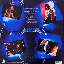 Cargar imagen en el visor de la galería, Back cover of a Metallica album with band members' portraits and tracklist on a blue lightning-themed background.