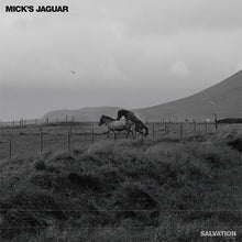 Cargar imagen en el visor de la galería, Black and white cover art for Mick&#39;s Jaguar album &#39;Salvation&#39; featuring a horse in a field with a mountain in the background.