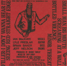 Charger l'image dans la galerie, Red and black album cover for Minor Threat's 'Seeing Red Straight Edge' featuring a central graphic of a figure in a trench coat and helmet, with band member names and track titles printed around it.