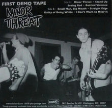 Load image into Gallery viewer, Black and white photo of a band performing with text about 'First Demo Tape' by Minor Threat.