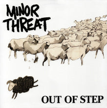 Cargar imagen en el visor de la galería, Album cover for 'Out of Step' by Minor Threat featuring a flock of sheep with one black sheep.