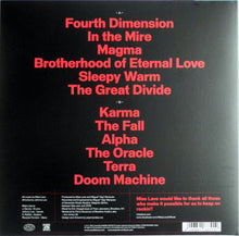 Cargar imagen en el visor de la galería, Back cover of a vinyl record with red text listing album titles on a black background