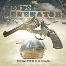 Load image into Gallery viewer, Album cover art for Mondo Generator&#39;s &#39;Shooters Bible&#39; featuring a revolver against a backdrop of a book and a dramatic sky.