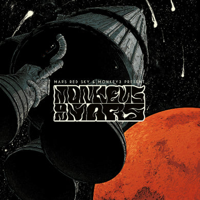 Album cover with astronaut holding space helmet, Mars, and 'MONKEYS ON MARS text.