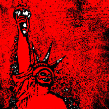 Charger l'image dans la galerie, A high-contrast graphic print of the Statue of Liberty in black and white, set against a vibrant red background with a distressed, grunge texture.