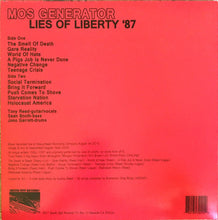Charger l'image dans la galerie, The back cover of a vinyl record for 'Lies of Liberty '87' by Mos Generator, featuring a bright red background with black text listing track titles, credits, and a barcode.