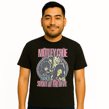 Load image into Gallery viewer, Man wearing a black t-shirt with 'Mötley Crüe' graphic design on a white background