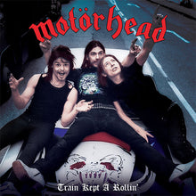 Load image into Gallery viewer, Album cover for 'Train Kept A Rollin'' by Motörhead featuring band members and a skull design.