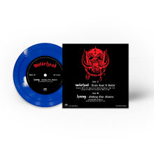 Load image into Gallery viewer, Blue vinyl record with black label and red graphic on a white background