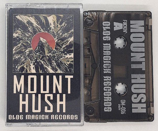 Cassette tape with 'Mount Hush' design on a clear background