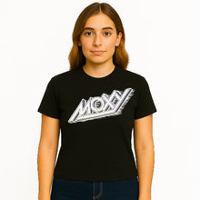 Load image into Gallery viewer, Person wearing a black t-shirt with a &#39;MOXY&#39; logo on a white background