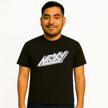 Load image into Gallery viewer, Man wearing a black t-shirt with &#39;MOXY&#39; logo on a white background