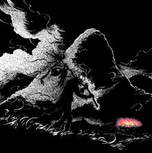 Charger l'image dans la galerie, Black and white illustration of a large creature with wings and a glowing object, set against a dark background.