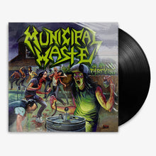 Cargar imagen en el visor de la galería, Vinyl record with 'Municipal Waste' album cover featuring graphic art of people and a barrel.